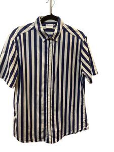 Men's Striped Short Sleeve Button-Up Shirt Navy White Size M Casual